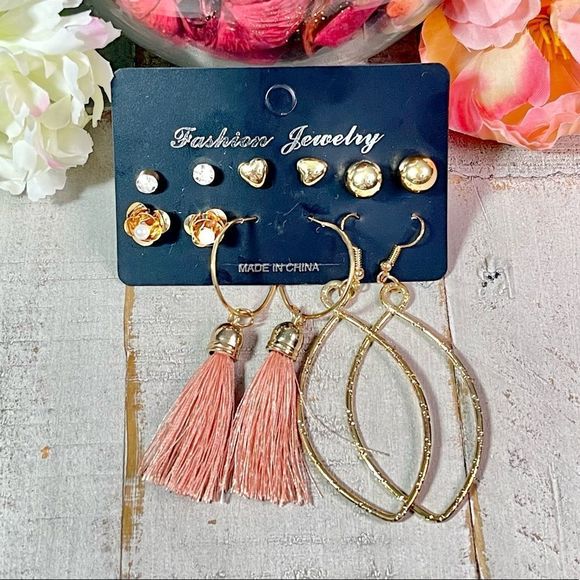 New Fashion Earrings 6 Pack Gold & Pink Post & Stud / Hoop Earring Set - Picture 2 of 6